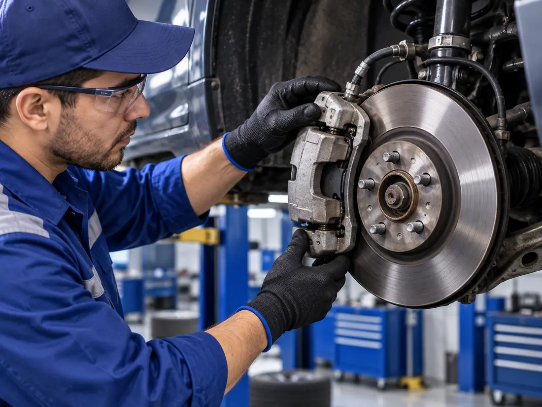 Mecánico inspeccionando un sistema de frenos