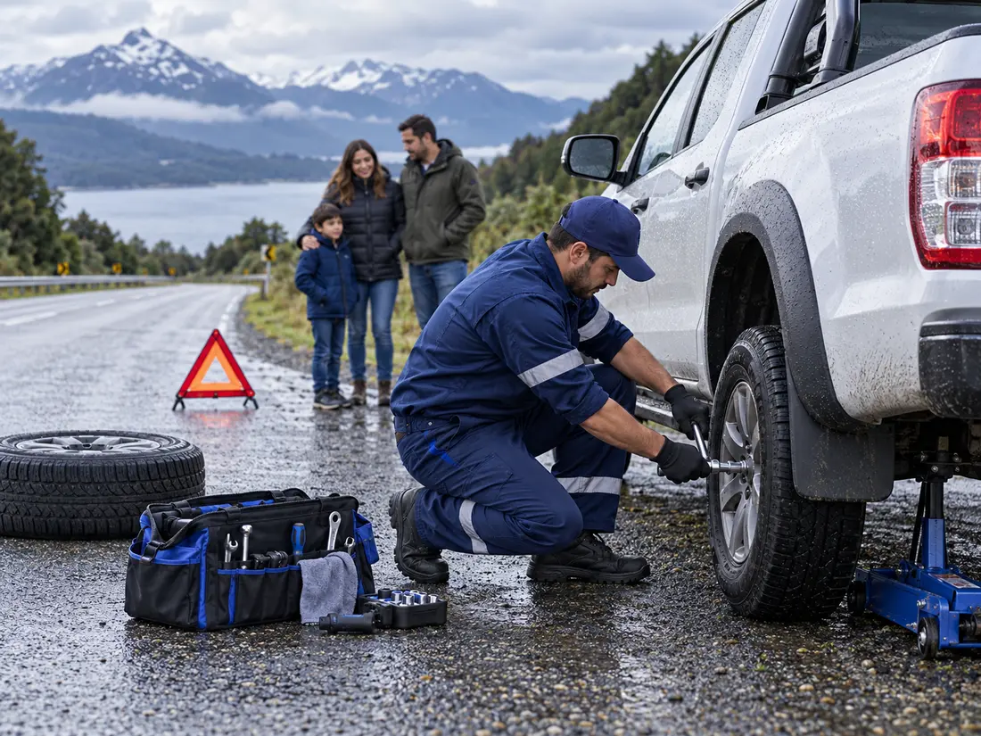Técnico reinstalando un neumático durante un rescate vehicular